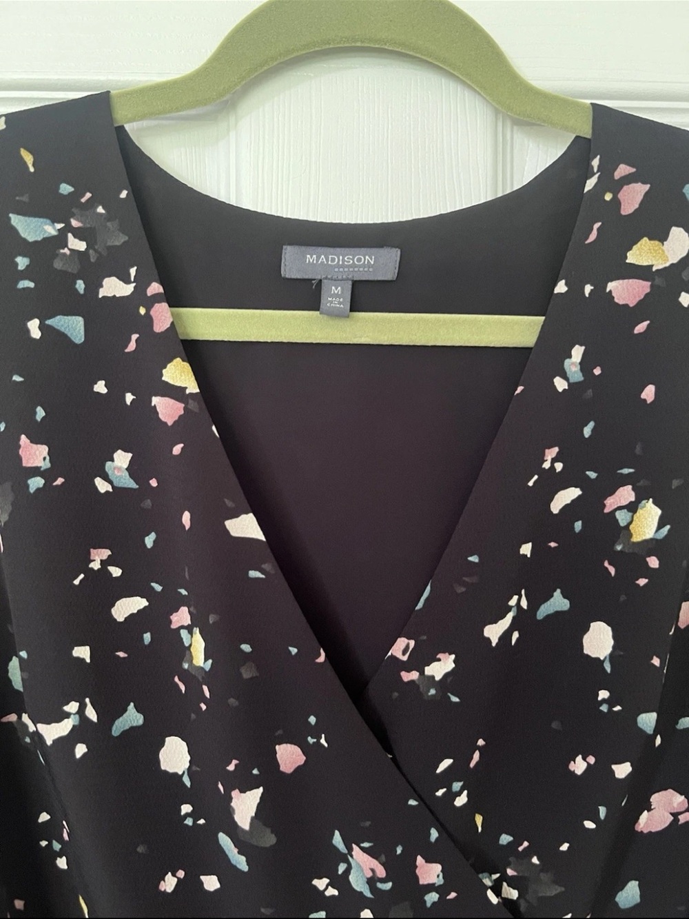 Madison Black Multi color Abstract Chiffon Long-Sleeve Wrap Midi Dress - Picture 2 of 5